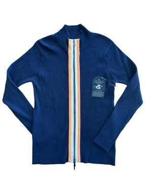 Anatomie Charlize Navy Zip-Up Ribbed Travel Sweater Orange Cream Stripe